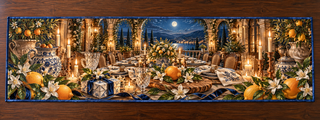 One table runner with an original Citrus Blossom Hearthtoast Gratitude Supper and maximum-depth printed illusion.