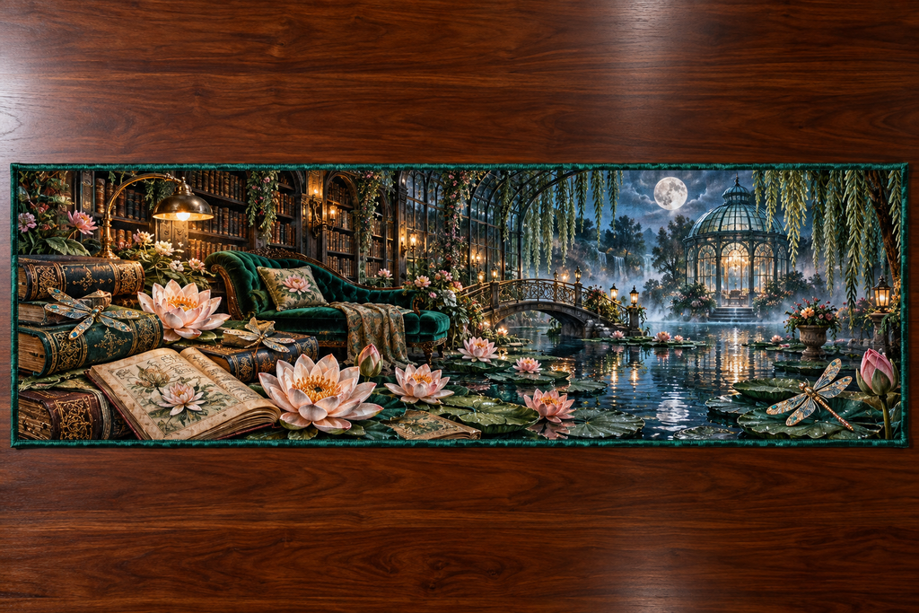 One table runner with an original Water Lily Lumenleaf Storypond Conservatory and maximum-depth printed illusion.