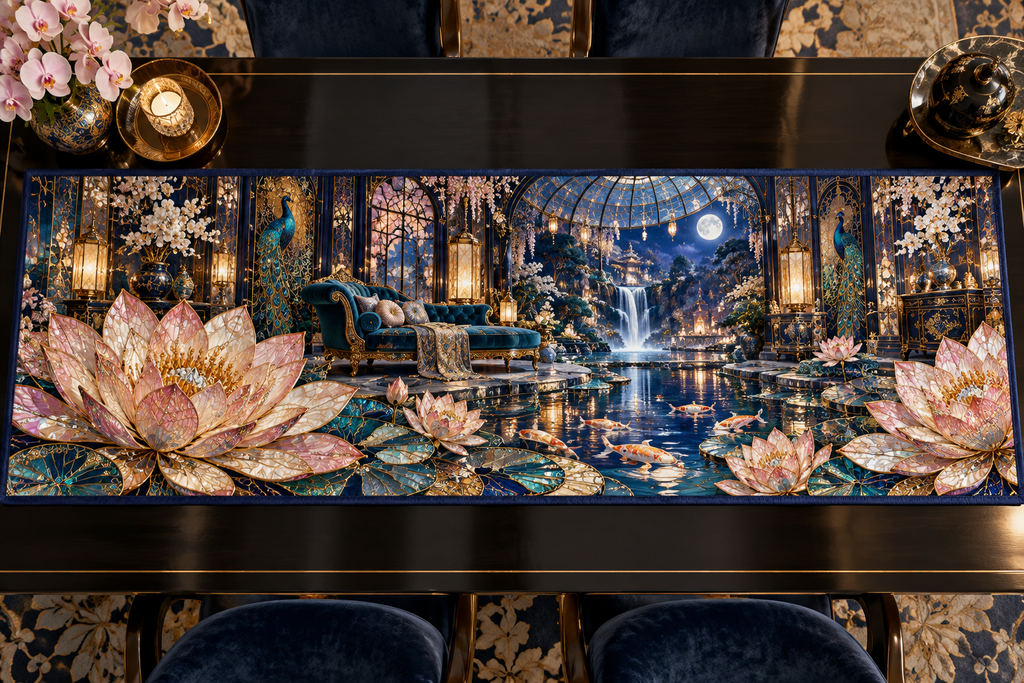 One table runner with an original Water Lily Celestique Mosaic Suite and maximum-depth printed illusion.