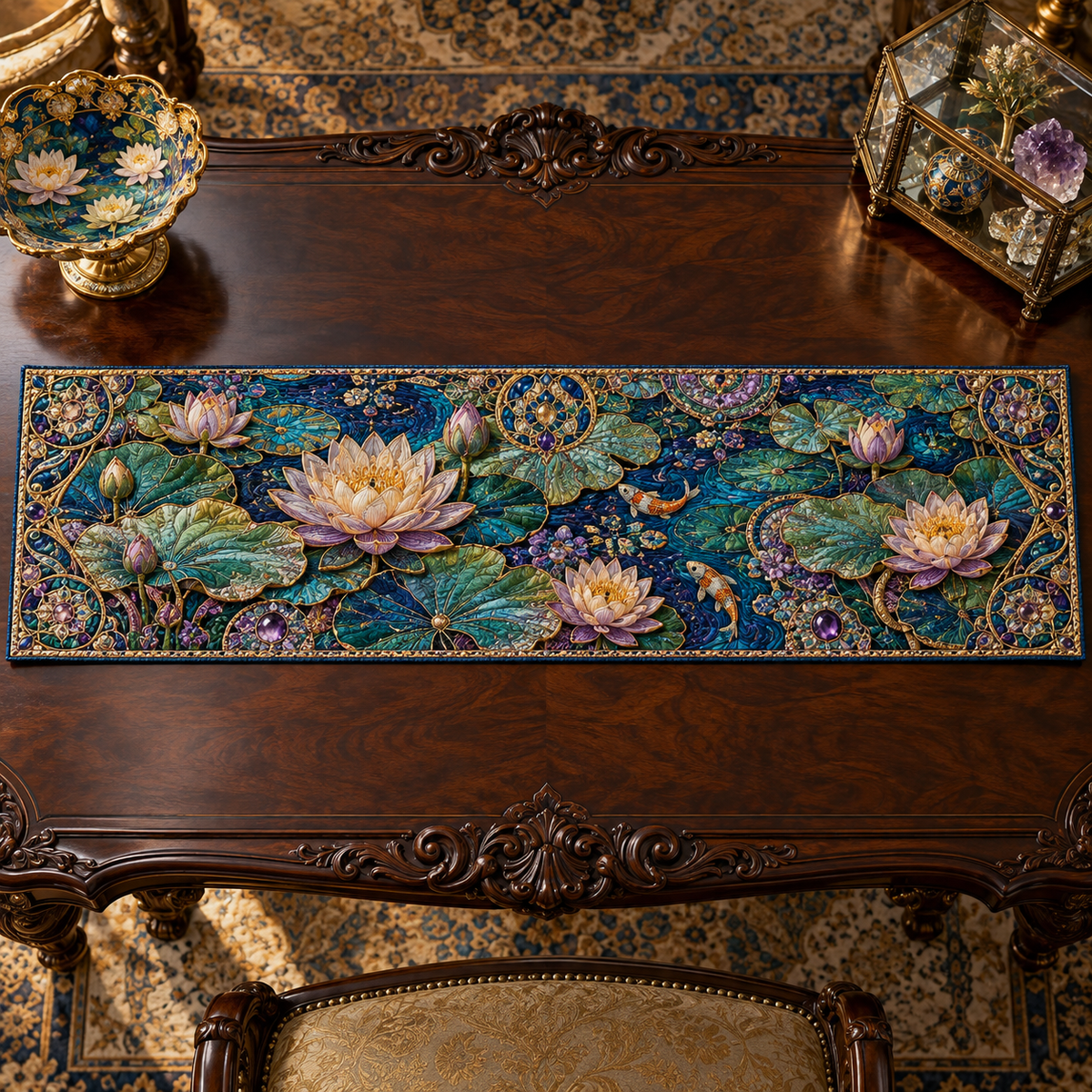 One table runner with an original Water Lily Curiohall Birthday Treasury and maximum-depth printed illusion.