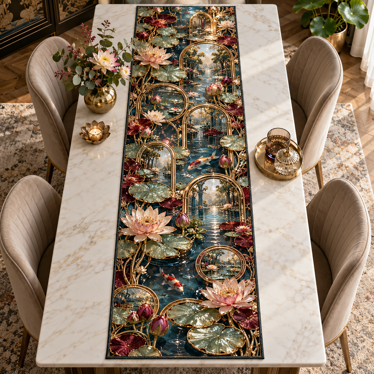 One table runner with an original Water Lily Prism Salon Gallery and maximum-depth printed illusion.
