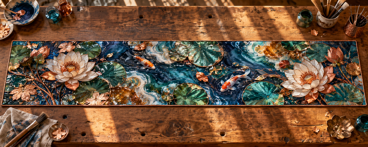 One table runner with an original Water Lily Resinmaker Atelier and maximum-depth printed illusion.