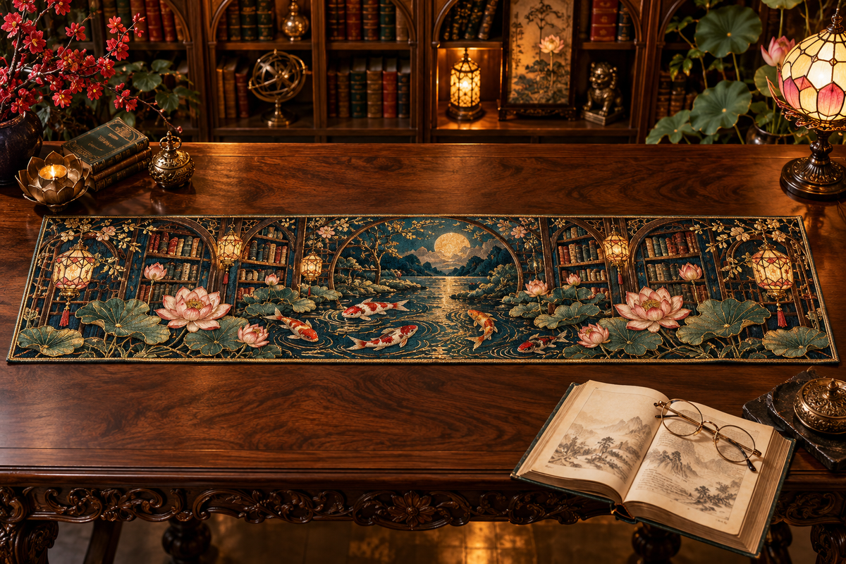 One table runner with an original Koi Lotus Lantern Library and maximum-depth printed illusion.