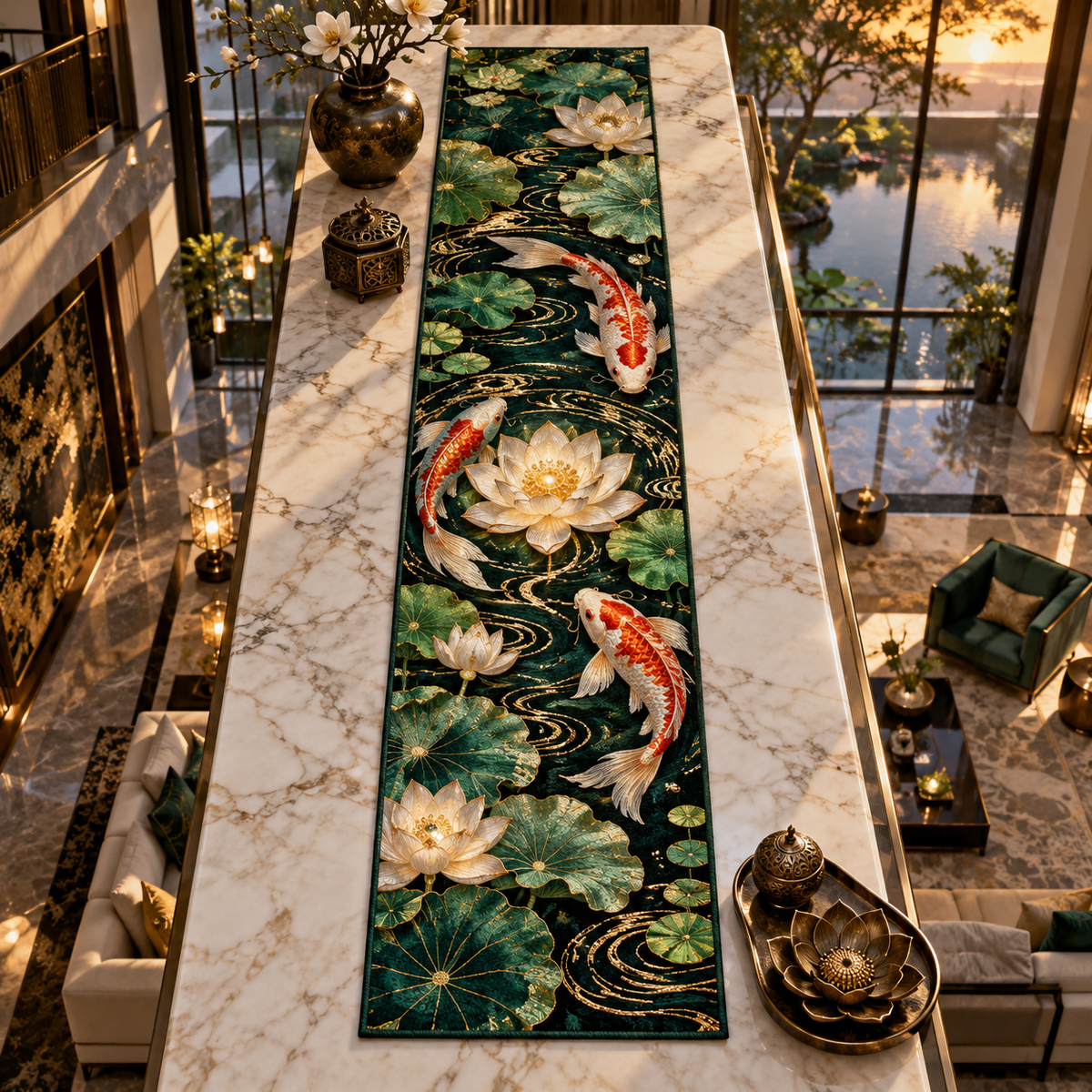 One table runner with an original Koi Lotus Emerald Salon and maximum-depth printed illusion.