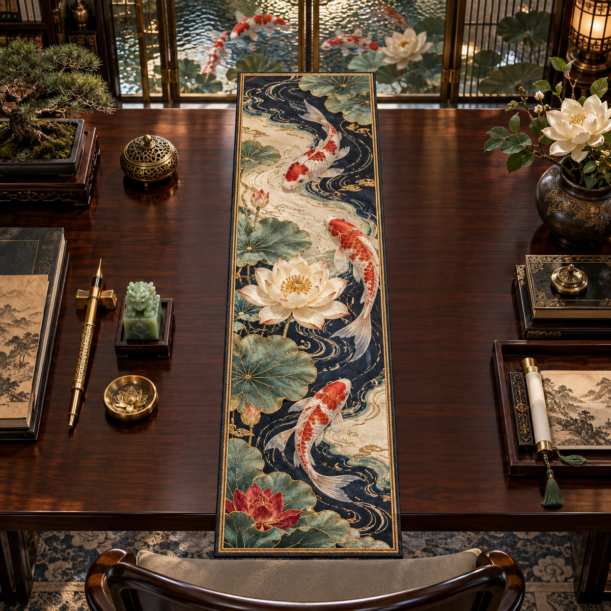 One table runner with an original Koi Lotus Scholar Atrium and maximum-depth printed illusion.