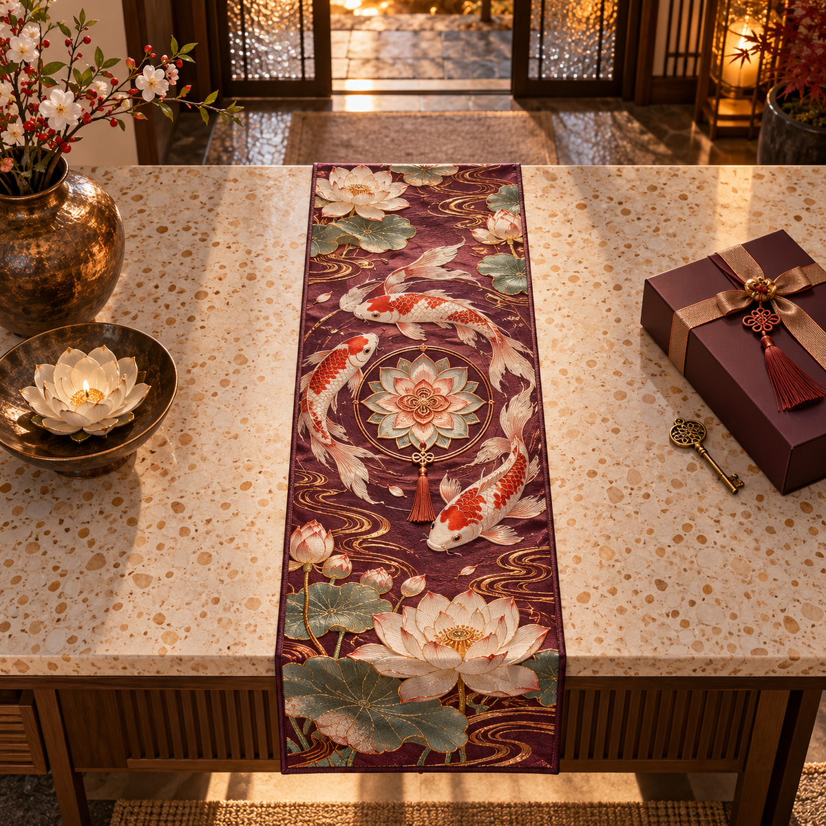 One table runner with an original Koi Lotus Hearth Blessing and maximum-depth printed illusion.