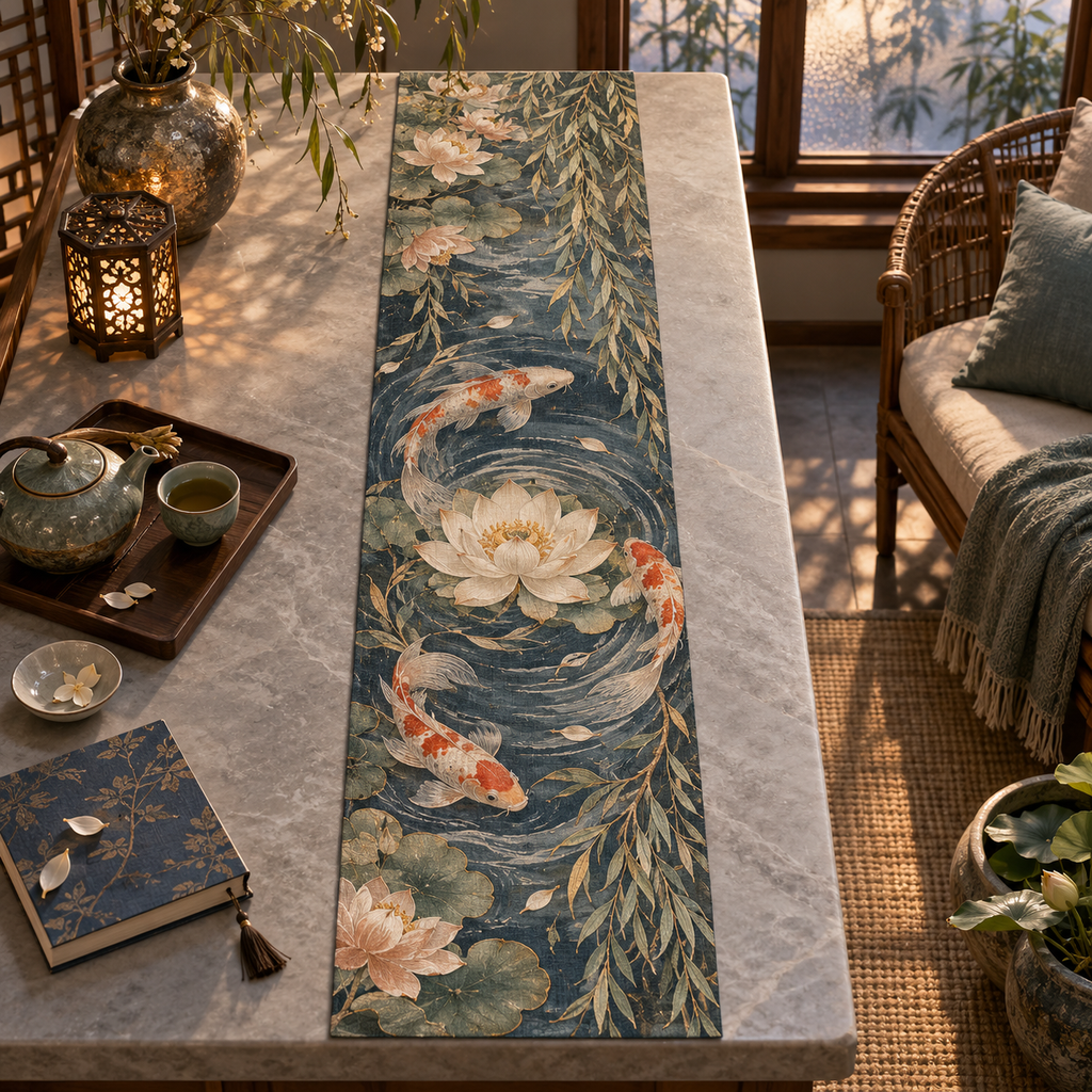 One table runner with an original Koi Lotus Willow Reverie and maximum-depth printed illusion.