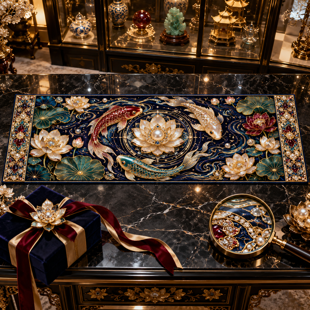 One table runner with an original Koi Lotus Jubilee Curio and maximum-depth printed illusion.