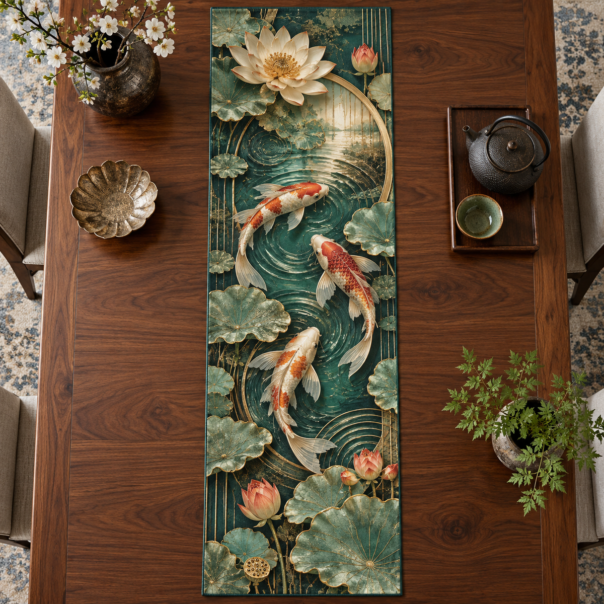 One table runner with an original Koi Lotus Prism Gallery and maximum-depth printed illusion.