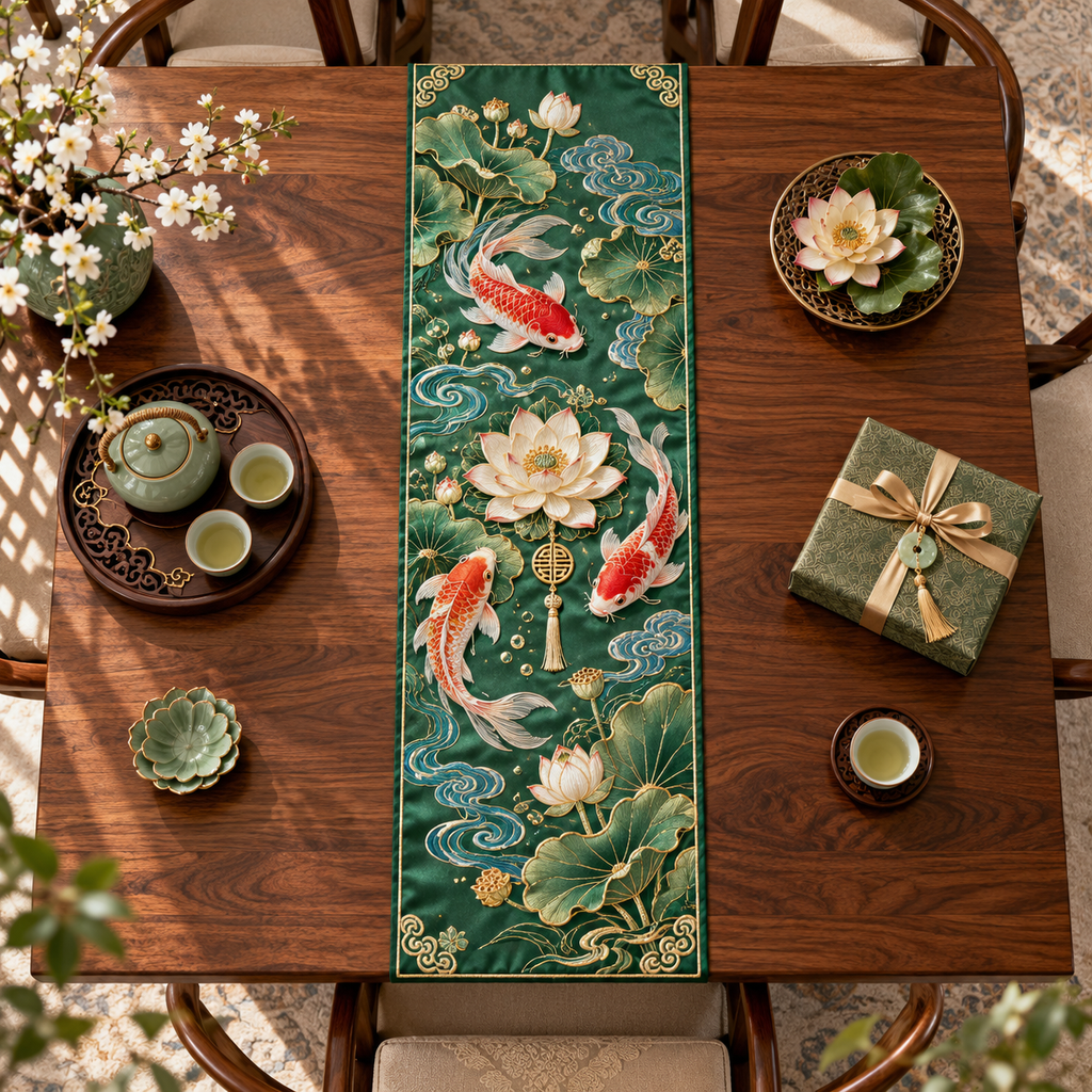 One table runner with an original Koi Lotus Gracious Pavilion and maximum-depth printed illusion.