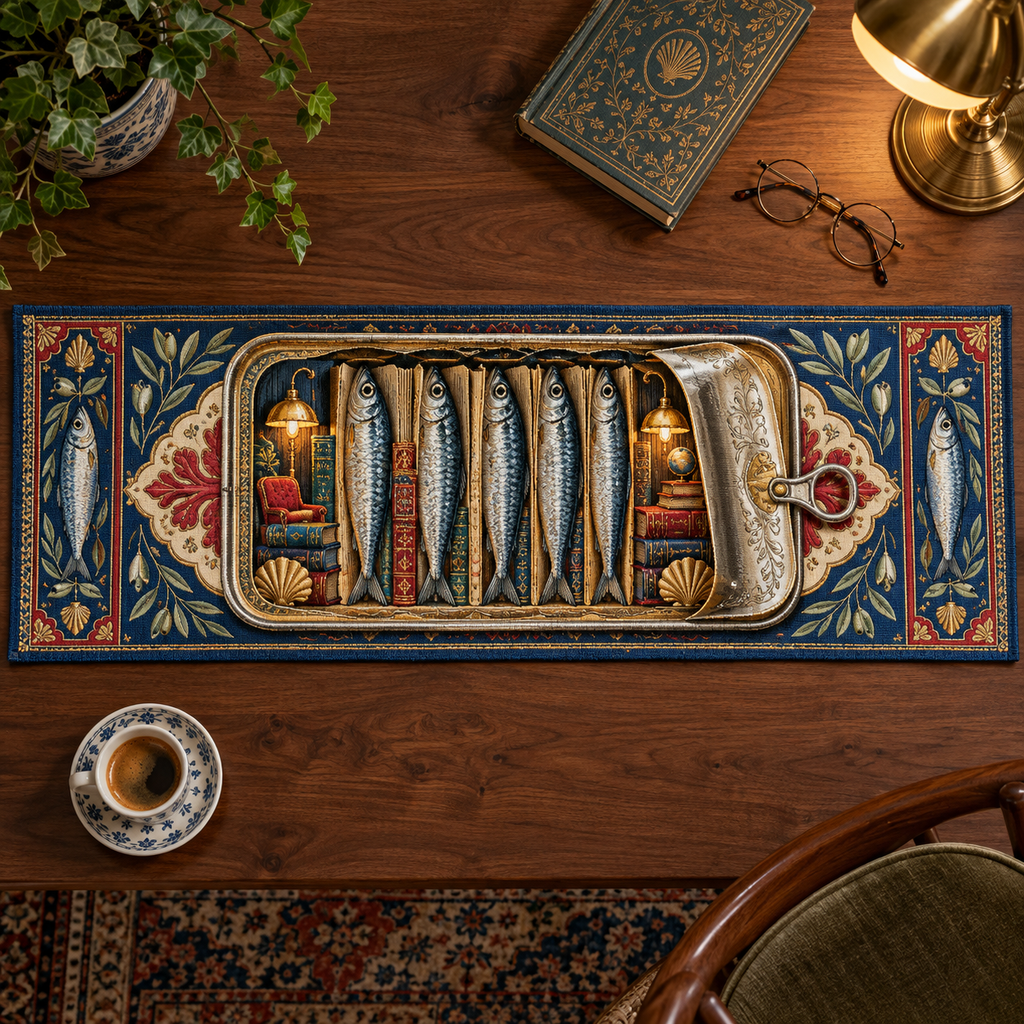One table runner with an original Sardine Library Midnight Folio and maximum-depth printed illusion.