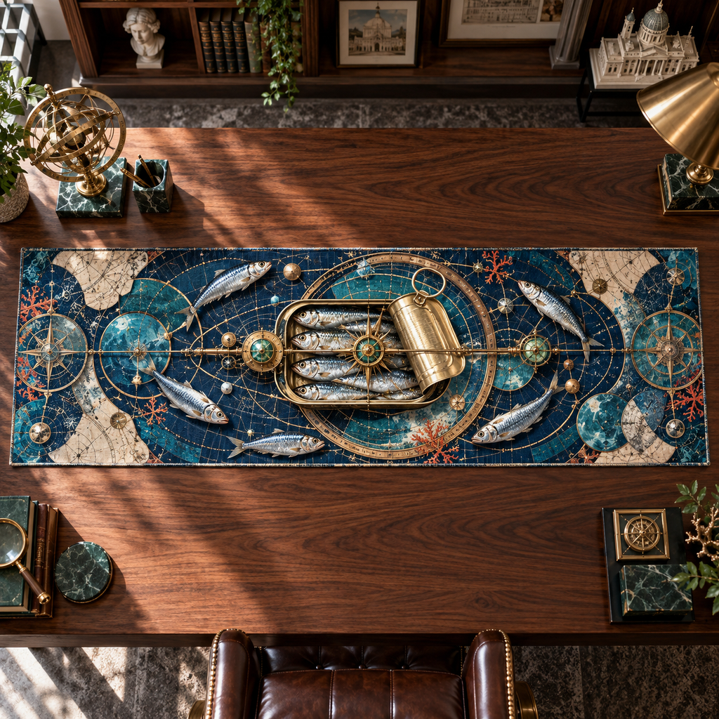 One table runner with an original Sardine Blueprint Observatory and maximum-depth printed illusion.