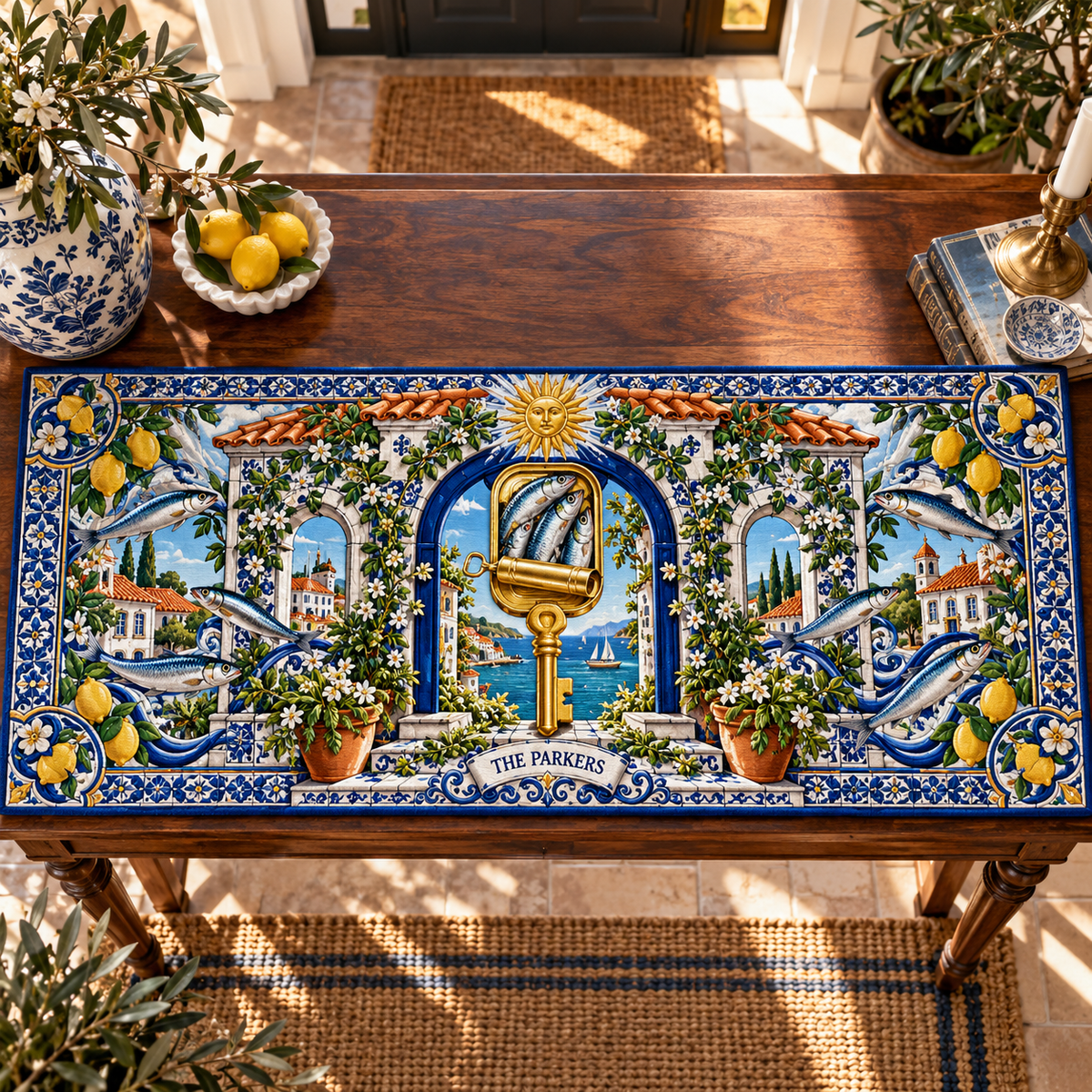 One table runner with an original Sardine Azulejo House Key and maximum-depth printed illusion.