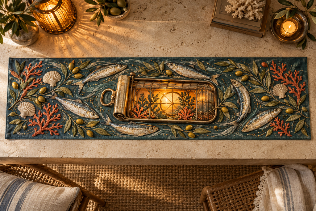 One table runner with an original Sardine Amber Lantern Alcove and maximum-depth printed illusion.