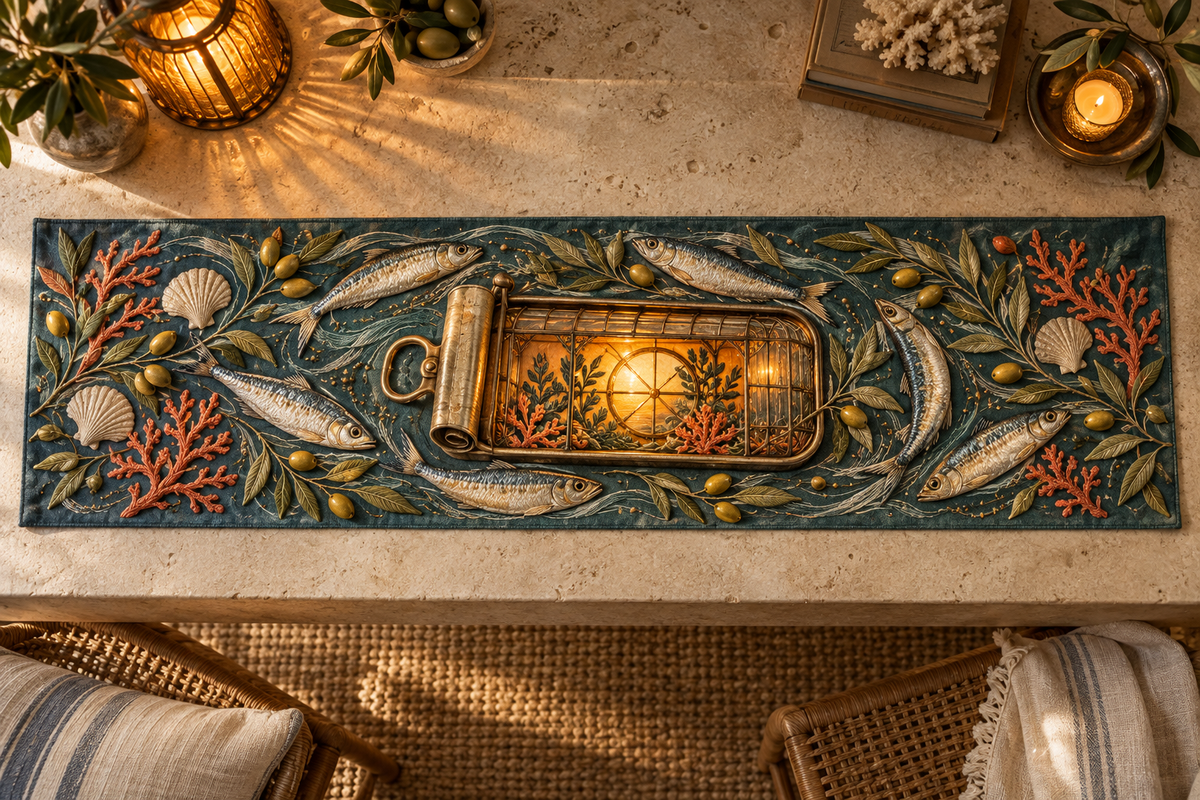 One table runner with an original Sardine Amber Lantern Alcove and maximum-depth printed illusion.