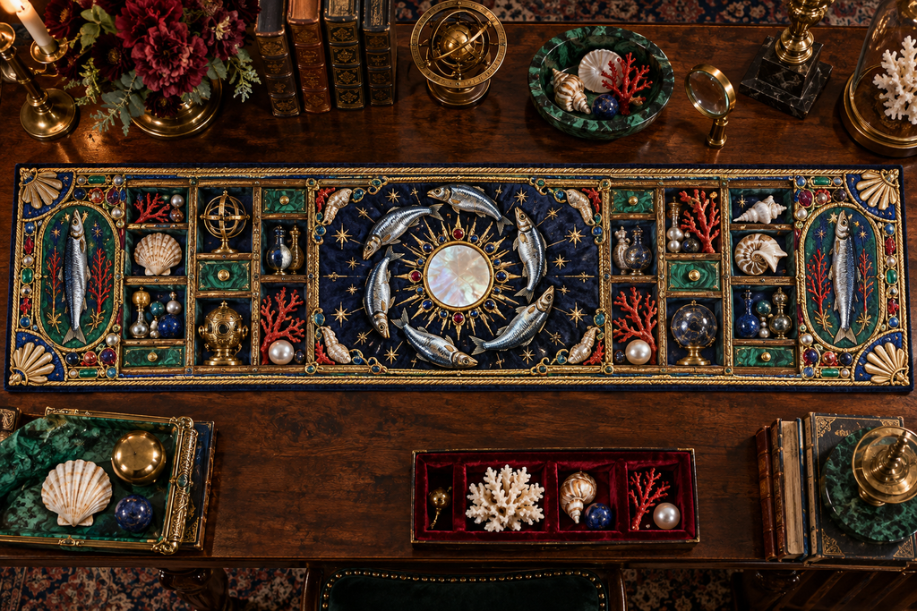 One table runner with an original Sardine Birthday Cabinet of Tides and maximum-depth printed illusion.