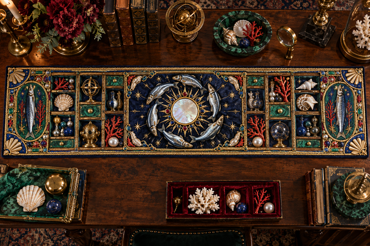One table runner with an original Sardine Birthday Cabinet of Tides and maximum-depth printed illusion.
