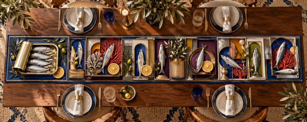 One table runner with an original Sardine Chromatic Shadowbox Salon and maximum-depth printed illusion.