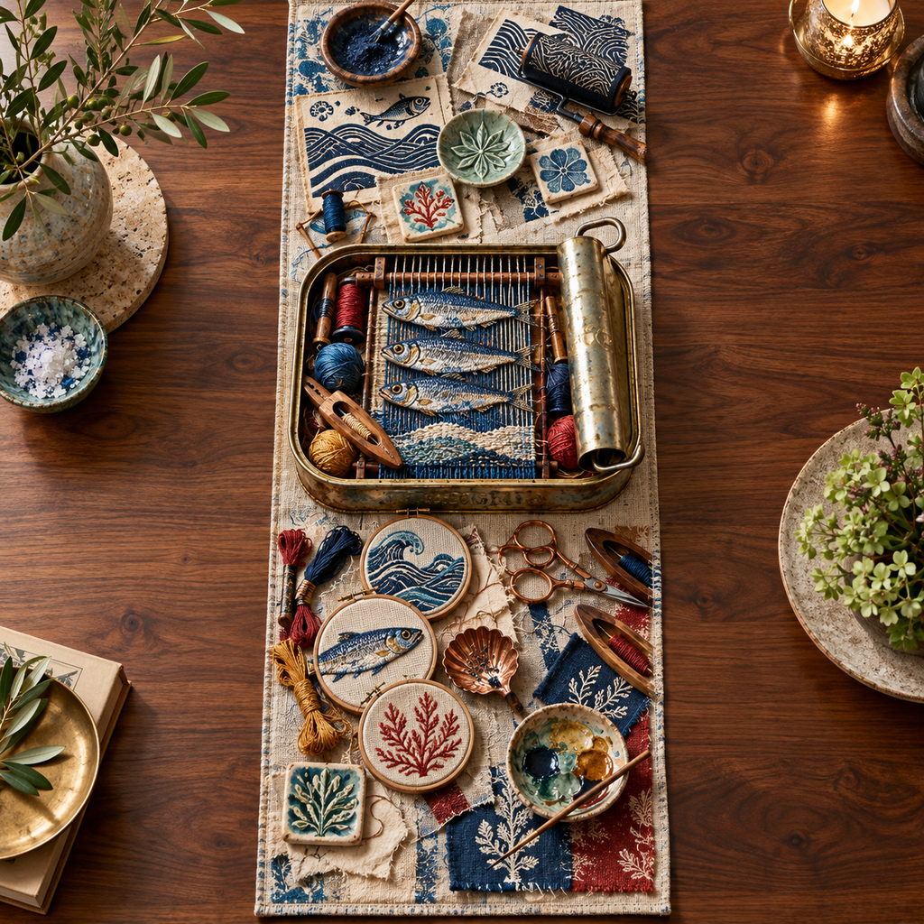 One table runner with an original Sardine Maker Loom Atelier and maximum-depth printed illusion.