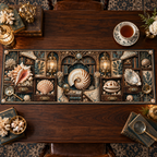 One table runner with an original Seashell Cartographer Lantern Library and maximum-depth printed illusion.