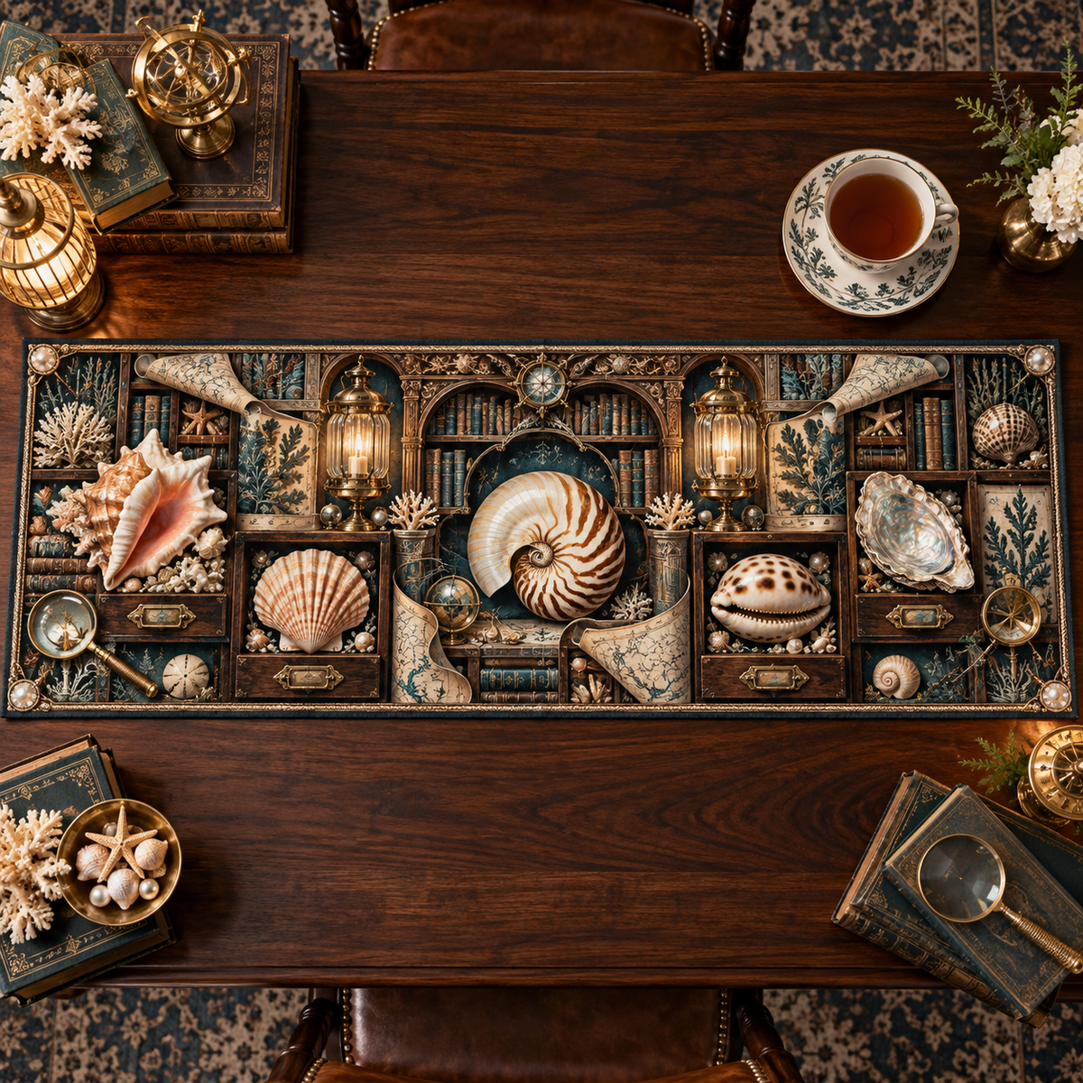 One table runner with an original Seashell Cartographer Lantern Library and maximum-depth printed illusion.