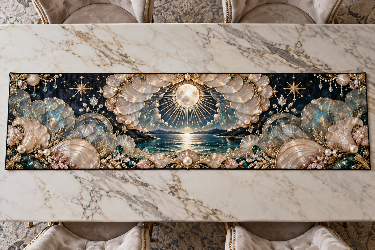 One table runner with an original Seashell Celestial Pearl Canopy and maximum-depth printed illusion.
