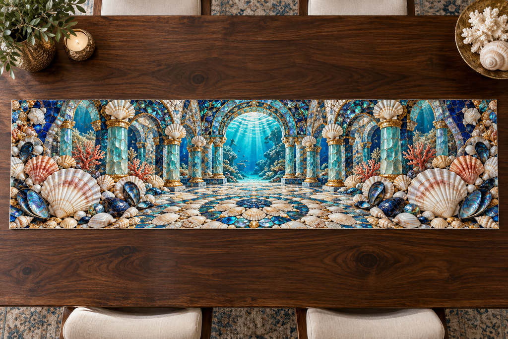One table runner with an original Seashell Tidal Mosaic Atrium and maximum-depth printed illusion.