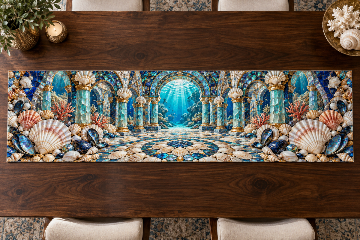 One table runner with an original Seashell Tidal Mosaic Atrium and maximum-depth printed illusion.