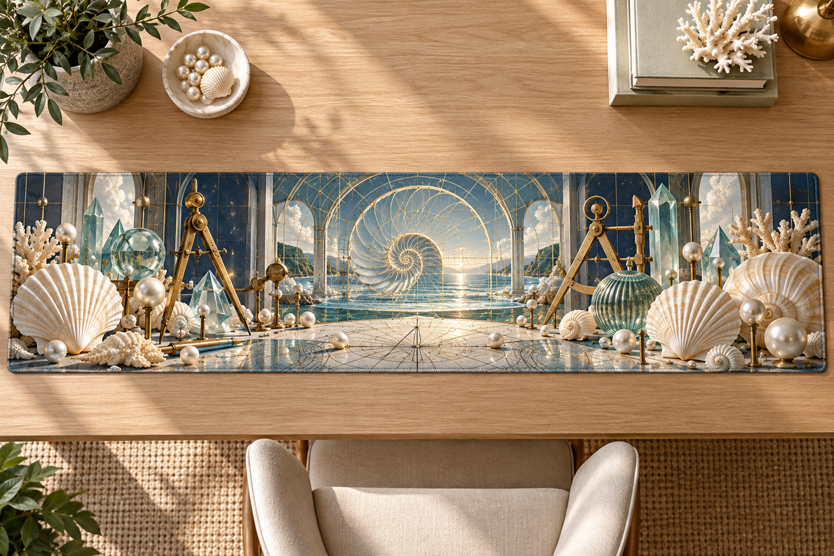 One table runner with an original Seashell Pearl Geometer Studio and maximum-depth printed illusion.
