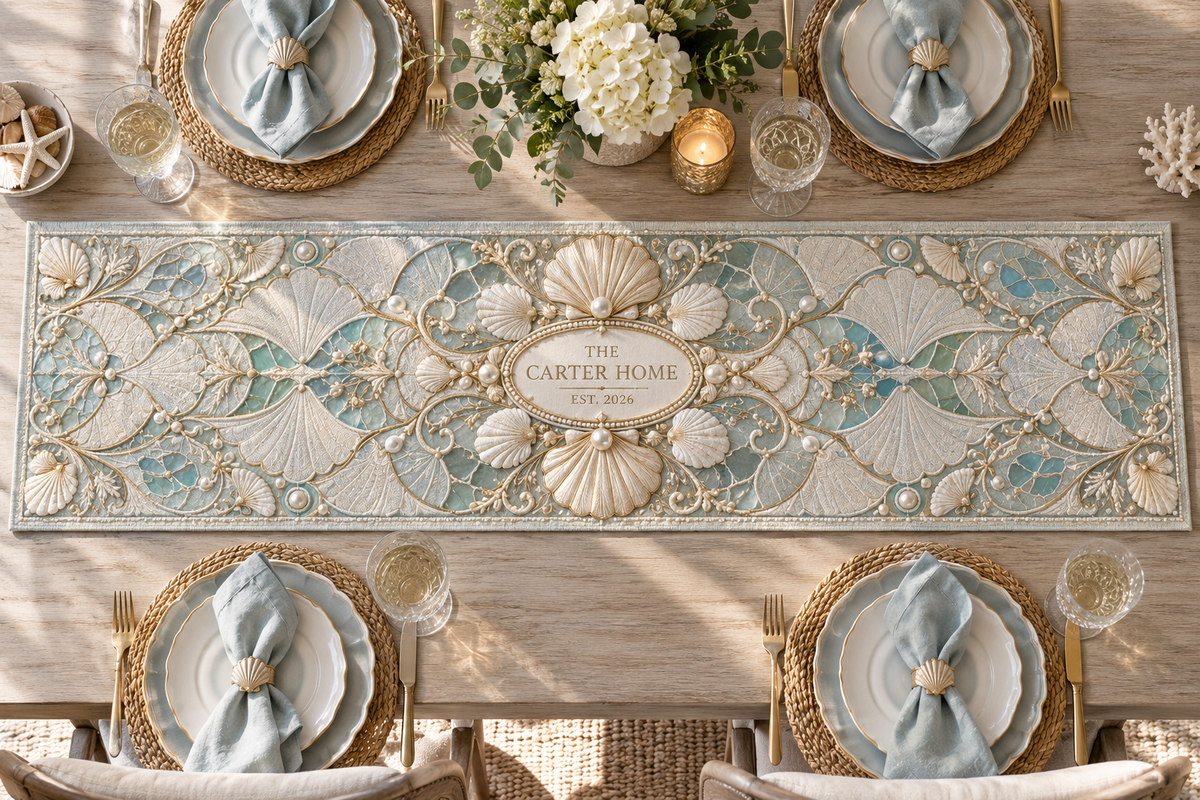 One table runner with an original Seashell Pearl Address Sanctuary and maximum-depth printed illusion.
