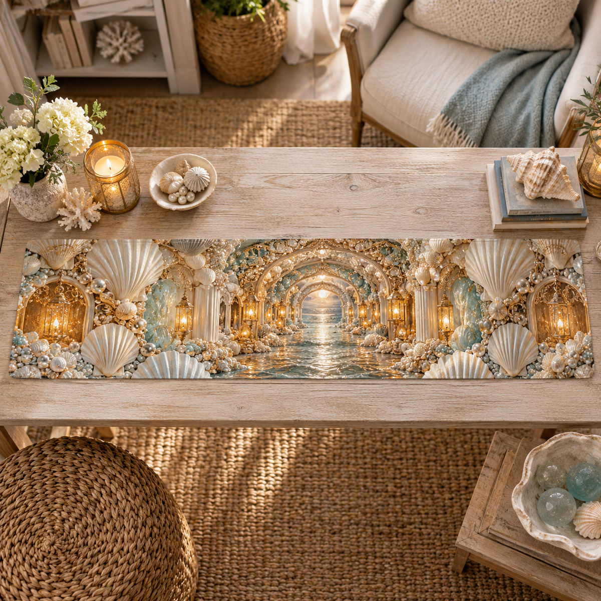 One table runner with an original Seashell Amber Grotto Alcove and maximum-depth printed illusion.