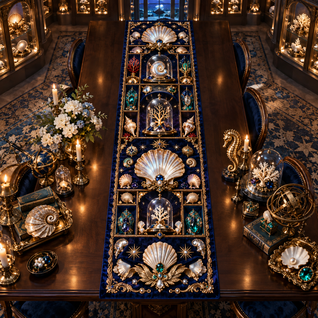 One table runner with an original Seashell Jewel Curio Jubilee and maximum-depth printed illusion.