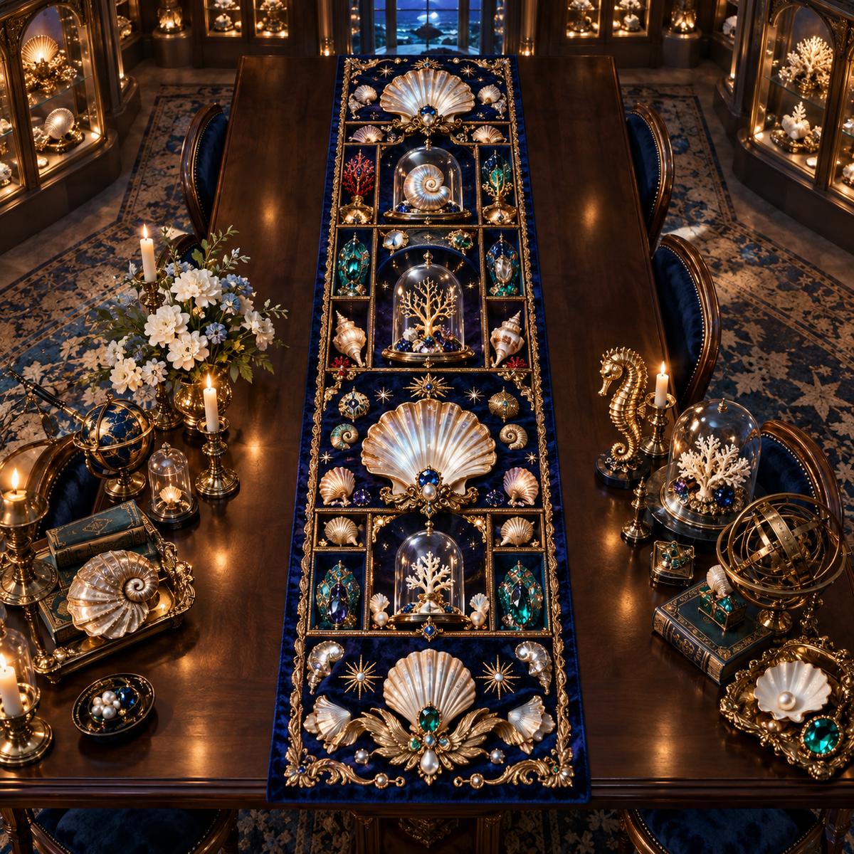 One table runner with an original Seashell Jewel Curio Jubilee and maximum-depth printed illusion.