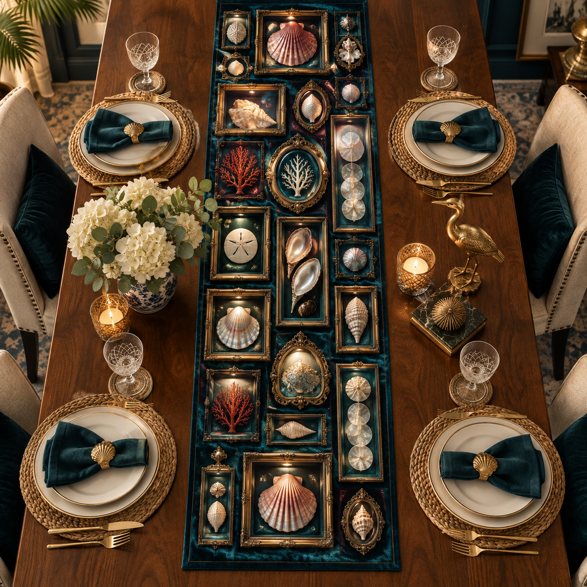 One table runner with an original Seashell Prism Shadowbox Salon and maximum-depth printed illusion.