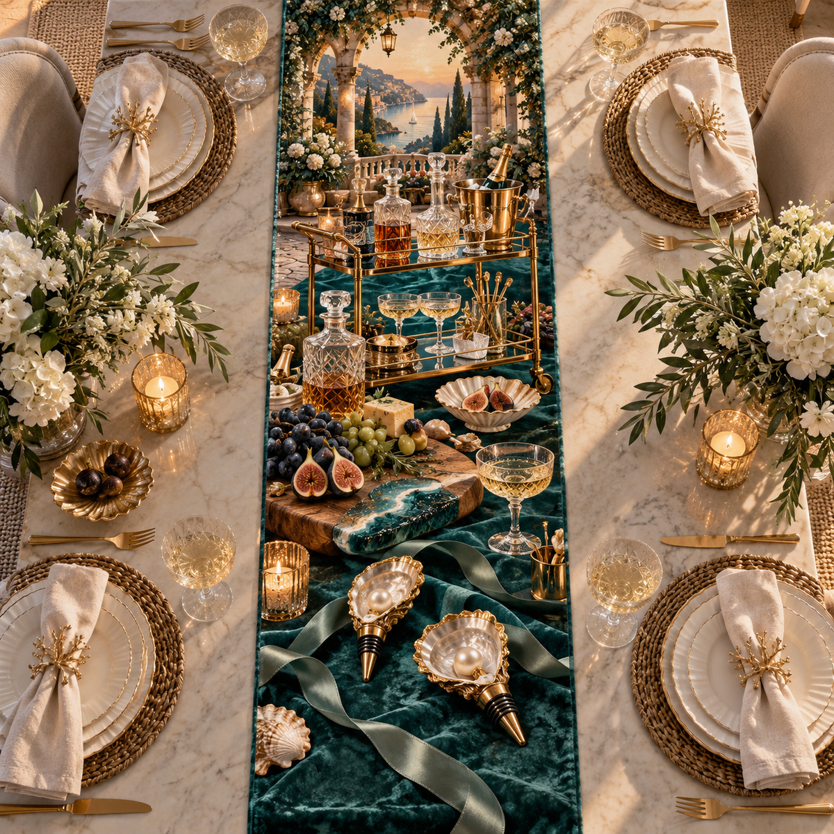 One table runner with an original Seashell Gilded Aperitif Cart and maximum-depth printed illusion.