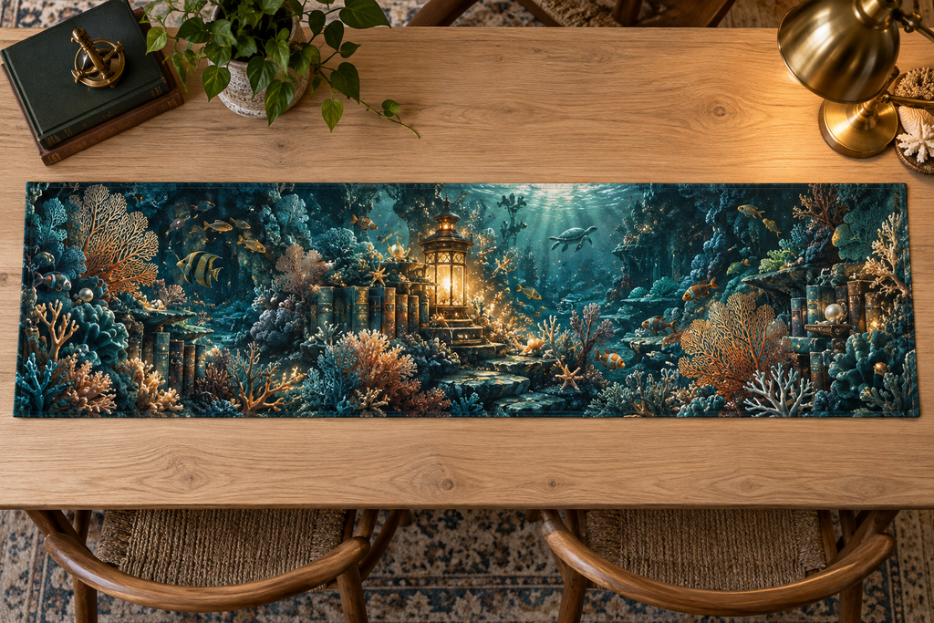 One table runner with original Coral Reef Lantern Library and maximum-depth printed illusion.
