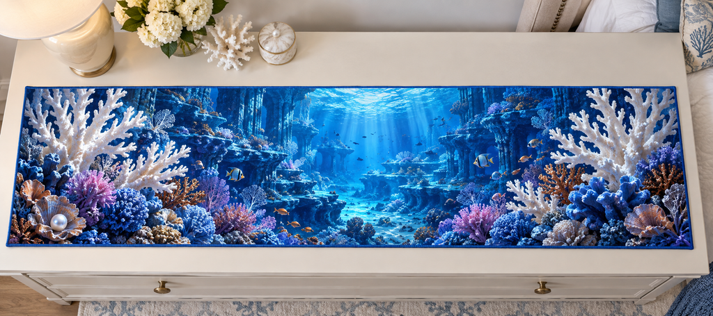 One table runner with original Coral Reef Sapphire Atrium and maximum-depth printed illusion.
