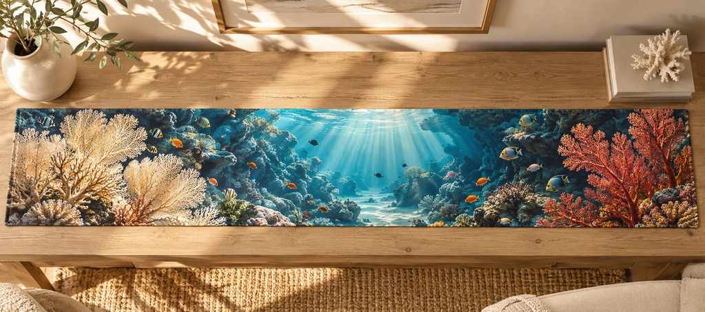 One table runner with original Coral Reef Sunlit Gallery optical-depth print.