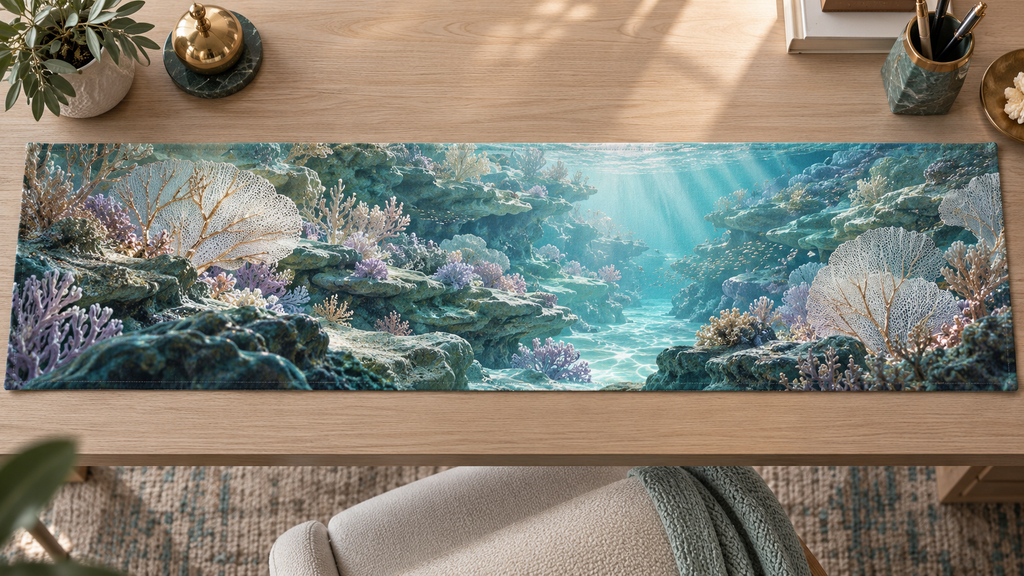 One table runner with original Coral Reef Moonstone Passage optical-depth print.