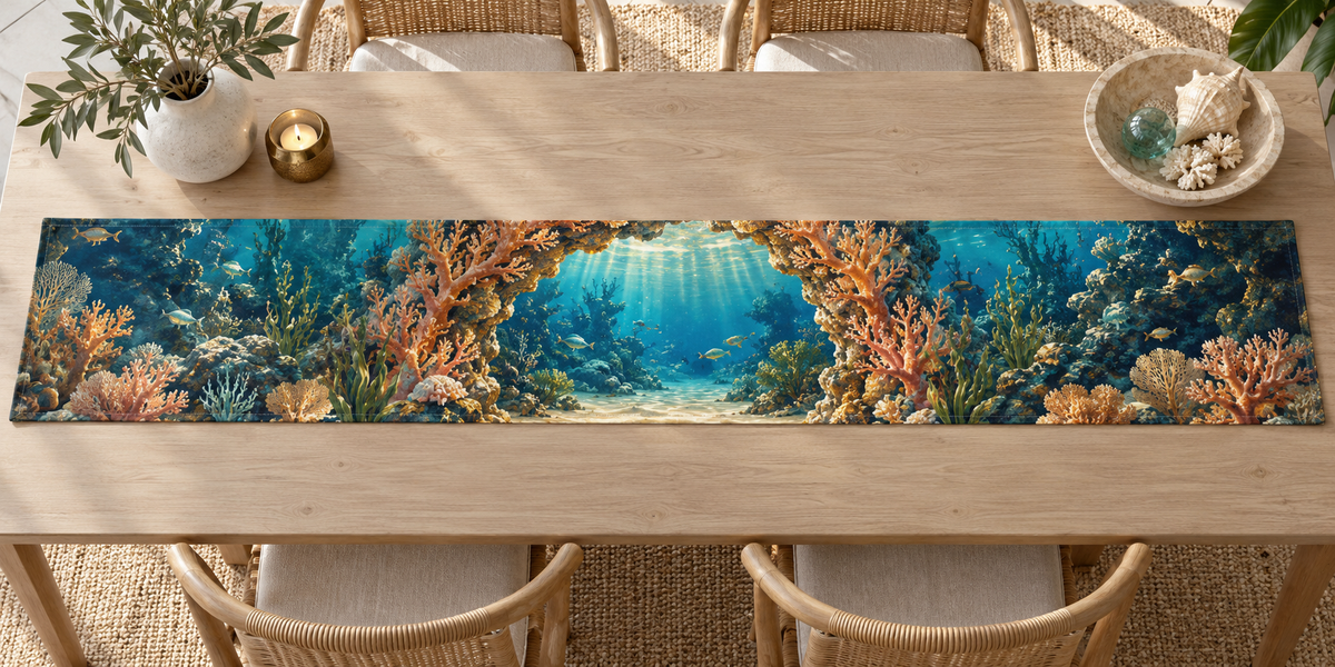 One table runner with original Coral Reef Hearthlight Cove optical-depth print.