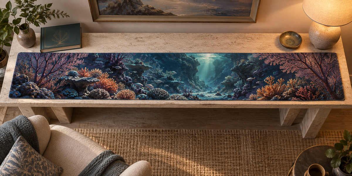 One table runner with original Coral Reef Dusk Alcove optical-depth print.