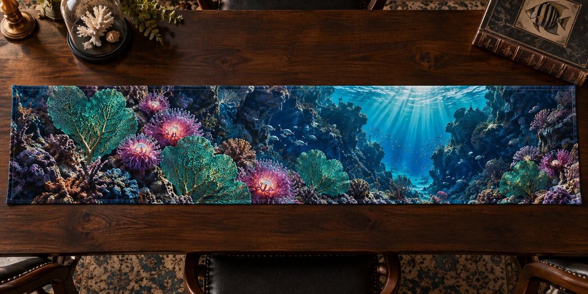 One table runner with original Coral Reef Opal Treasury optical-depth print.
