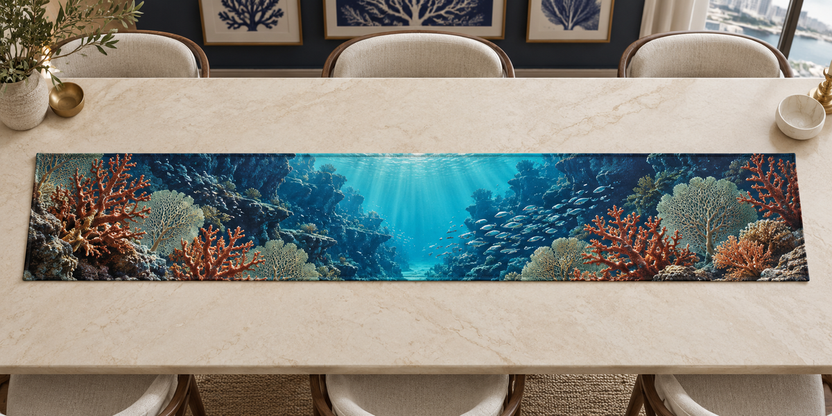 One table runner with original Coral Reef Gallery Passage optical-depth print.