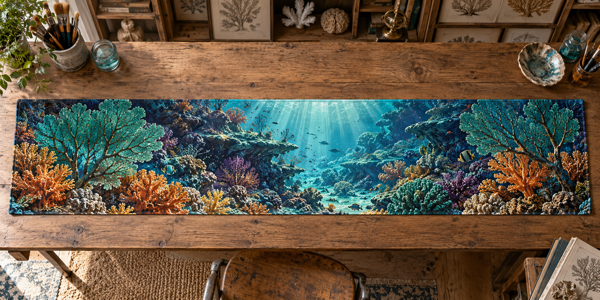 One table runner with original Coral Reef Atelier Current optical-depth print.