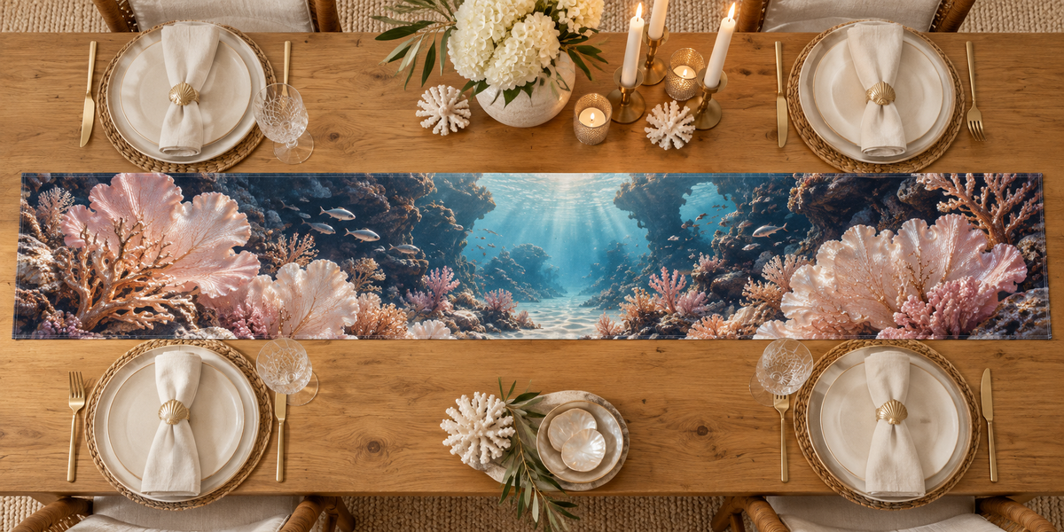 One table runner with original Coral Reef Pearl Welcome optical-depth print.