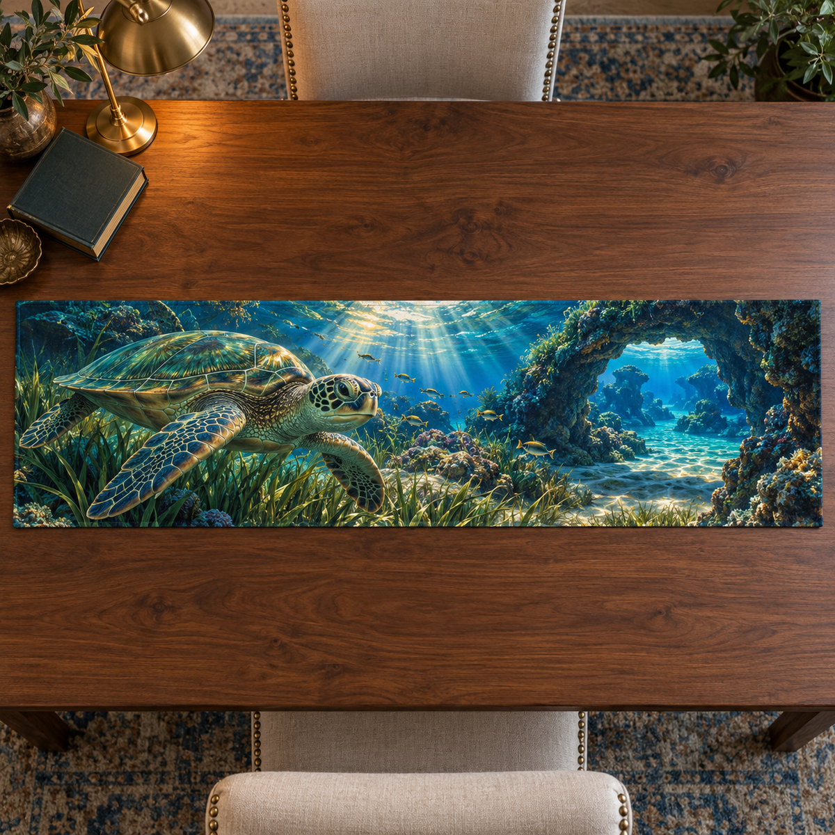 One table runner with original Sea Turtle Lagoon Reading Nook optical-depth print.