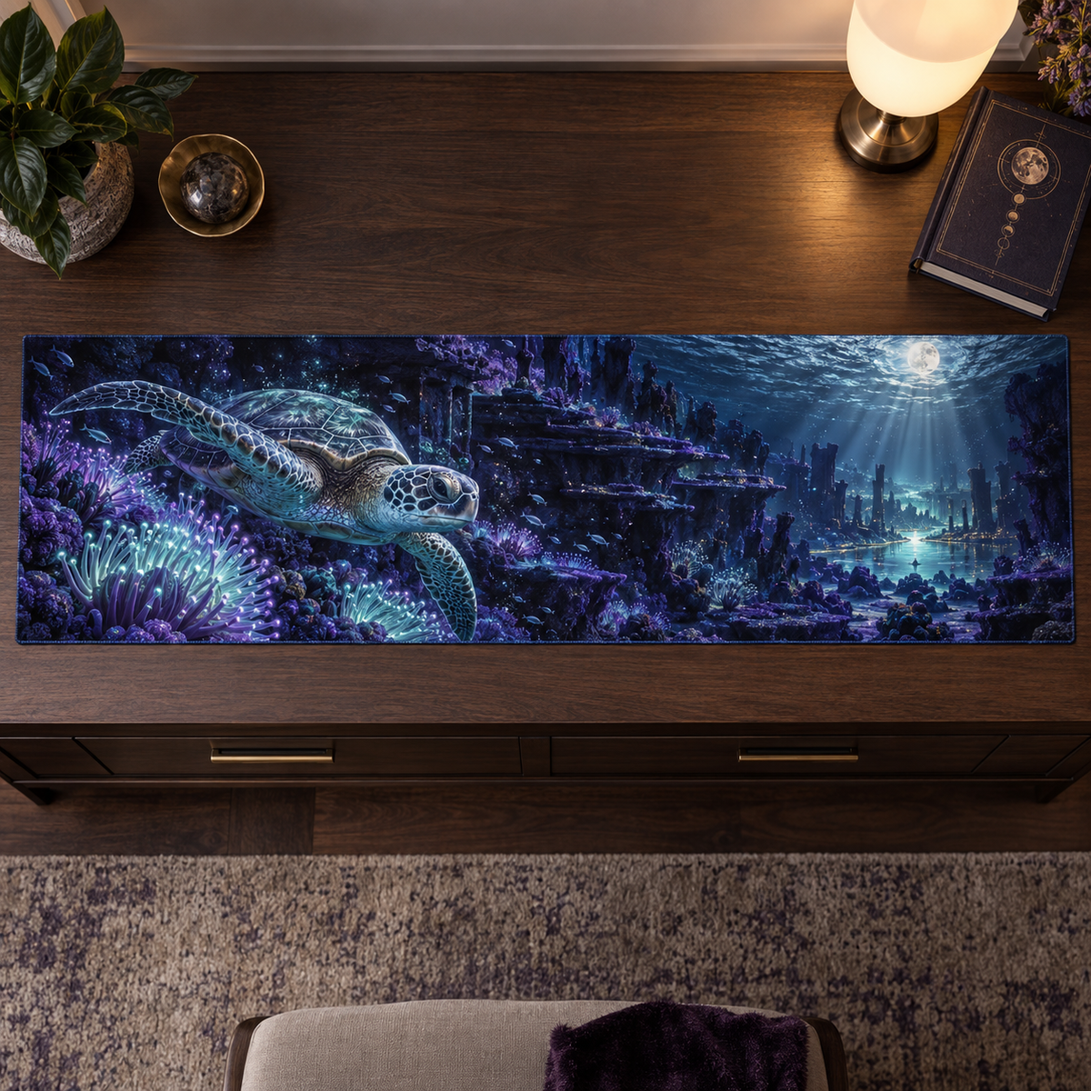 One table runner with original Sea Turtle Moon Garden optical-depth print.