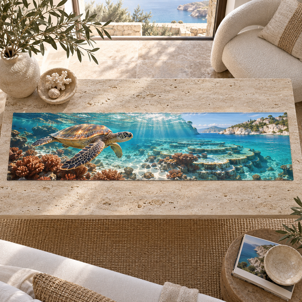 One table runner with original Sea Turtle Sunlit Terraces optical-depth print.