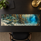 One table runner with original Sea Turtle Glass Atrium optical-depth print.