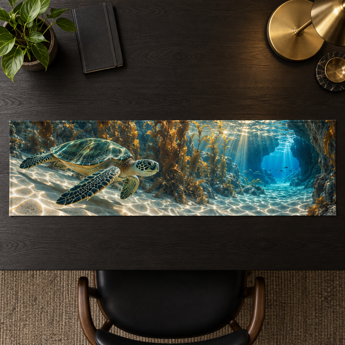 One table runner with original Sea Turtle Glass Atrium optical-depth print.